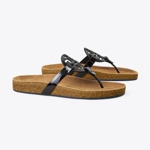 Tory Burch Miller Cloud Black Patent Leather Cork Thong Sandals in Black.